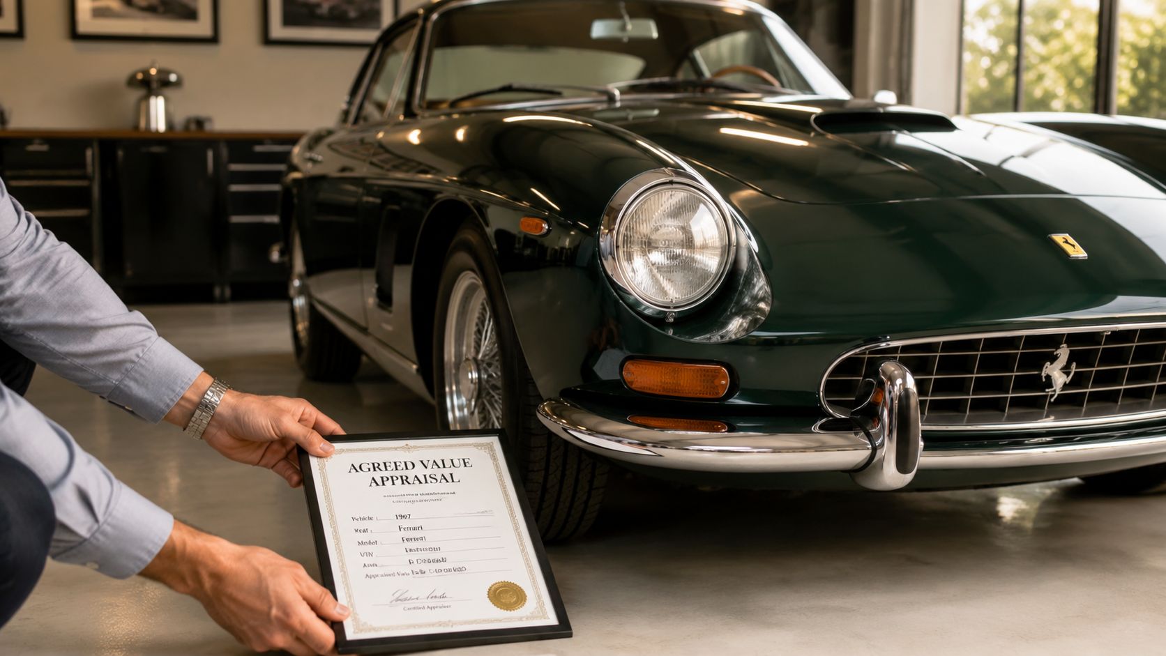 A person holding an agreed value appraisal document in front of a classic green Ferrari car.