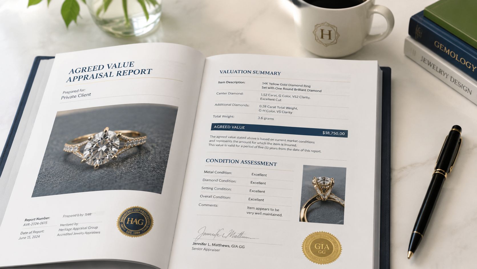 An open appraisal report book for a diamond ring featuring valuation details and jewelry photography.