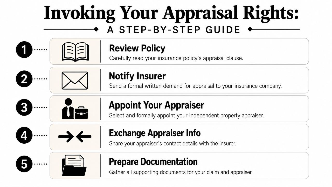 A five-step guide infographic detailing the process for invoking insurance appraisal rights.