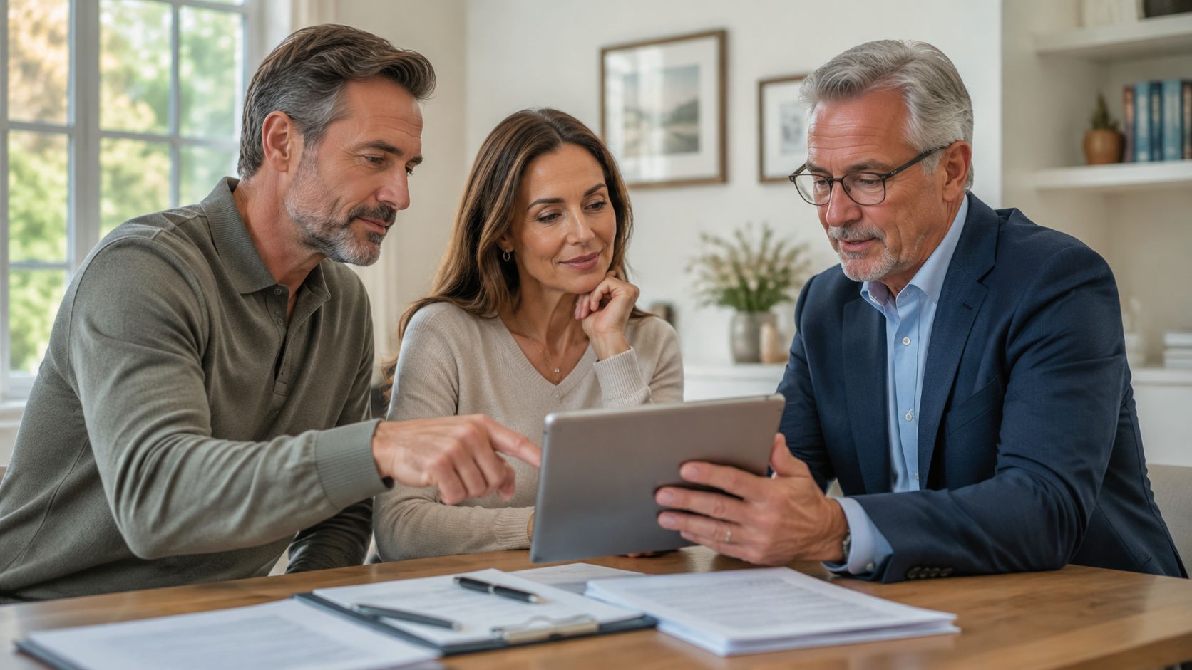 A professional financial advisor discusses investment options with a middle-aged couple while reviewing data on a digital tablet.