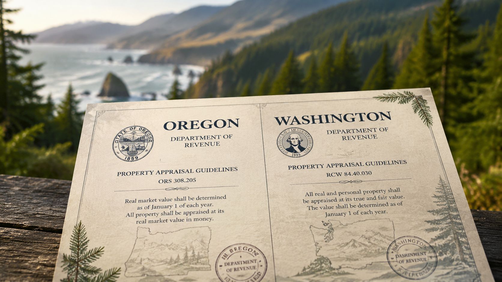 A document highlighting property appraisal guidelines for the states of Oregon and Washington held outdoors.
