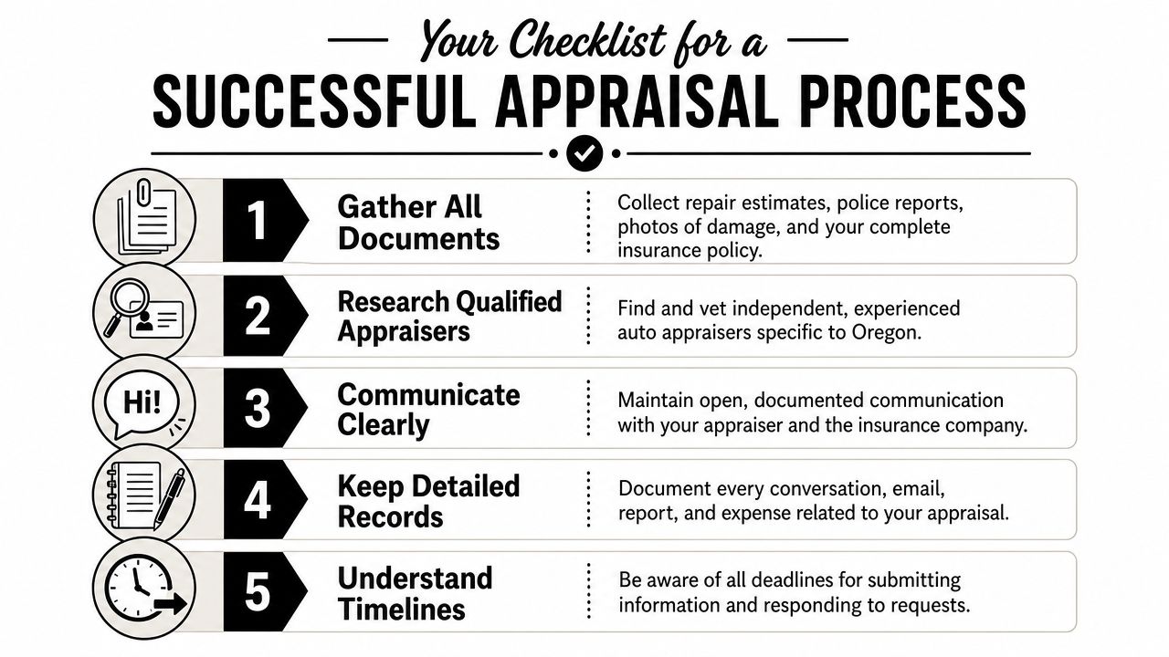 A checklist for a successful auto insurance appraisal process, listing five essential steps for documentation and communication.