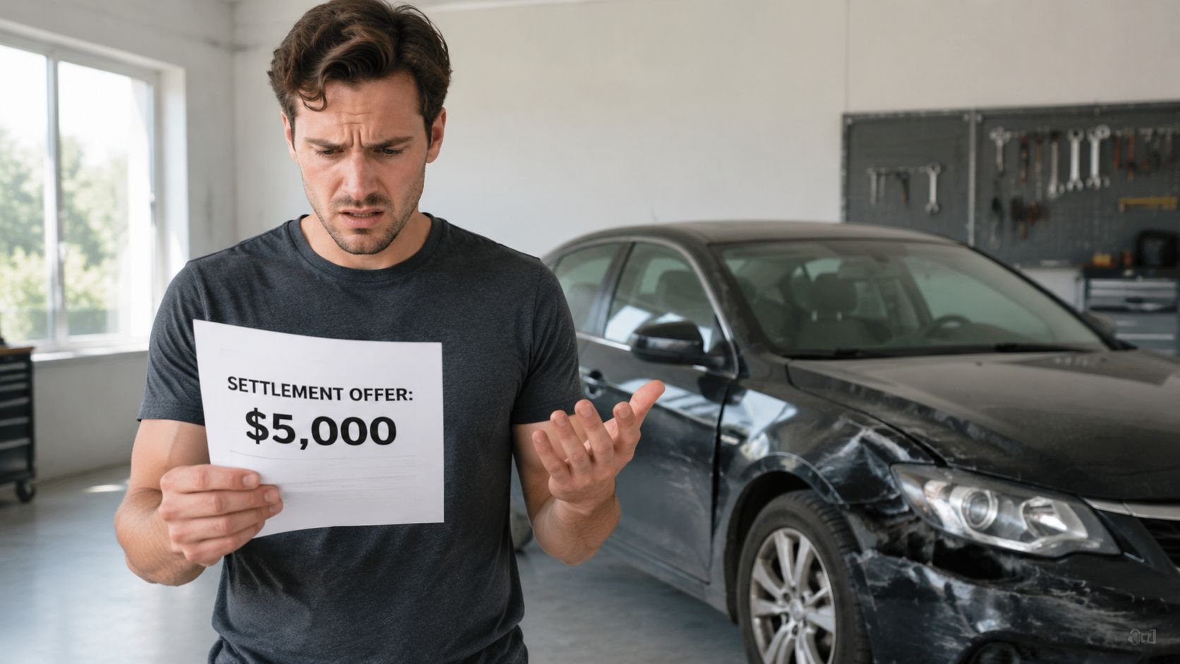 A concerned man in a garage holding a low car accident settlement offer paper document.