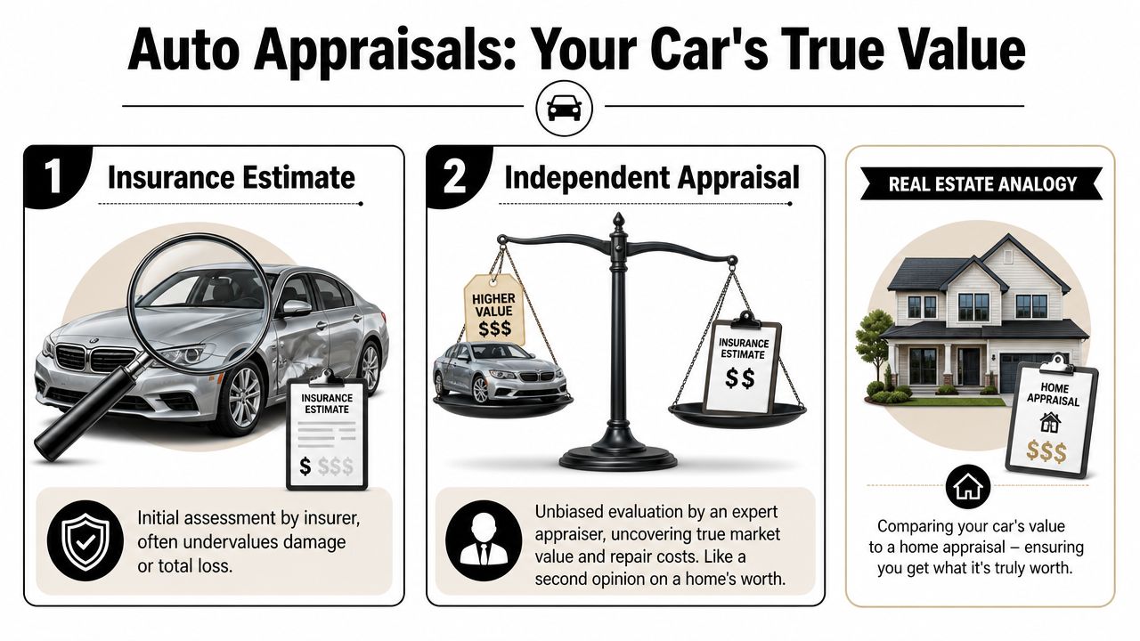 An infographic comparing insurance company damage estimates to independent car appraisals with a real estate analogy.