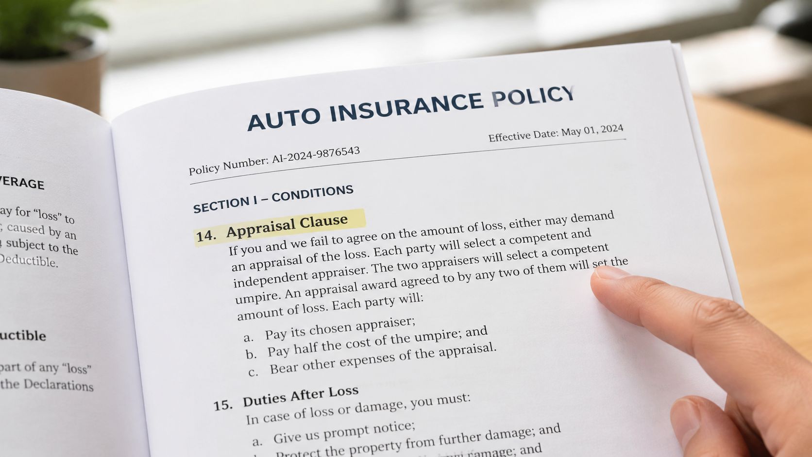 A close-up view of an auto insurance policy document highlighting the appraisal clause for vehicle damages.