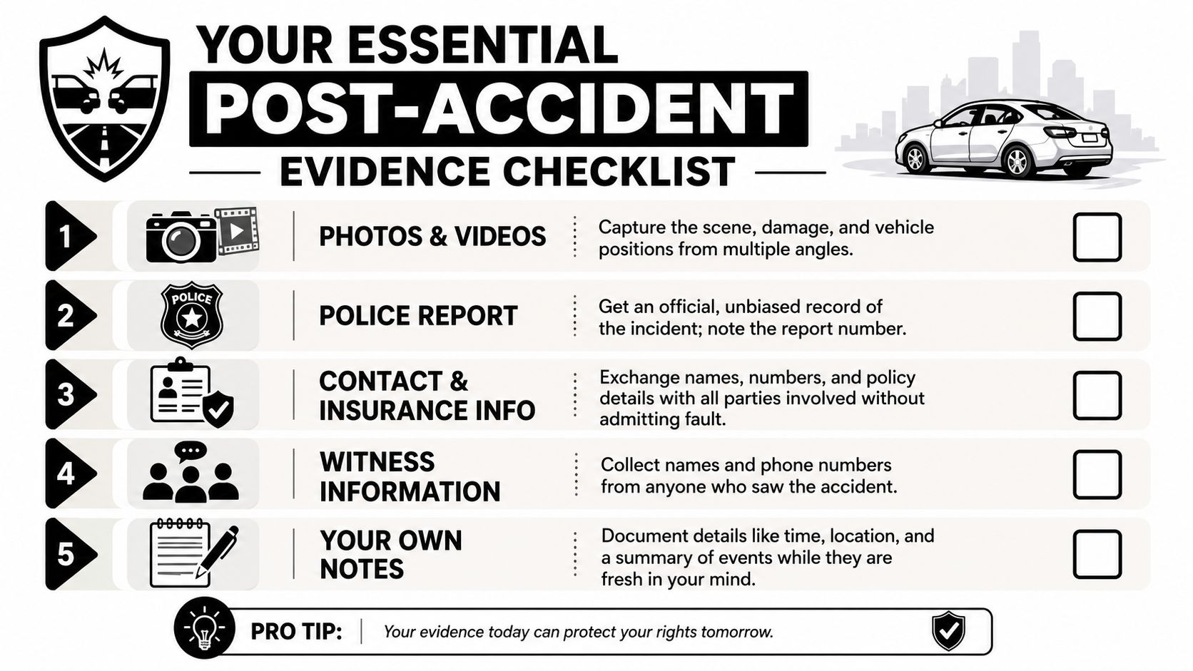 A five-step checklist illustrating essential documentation steps to take after being involved in a car accident.
