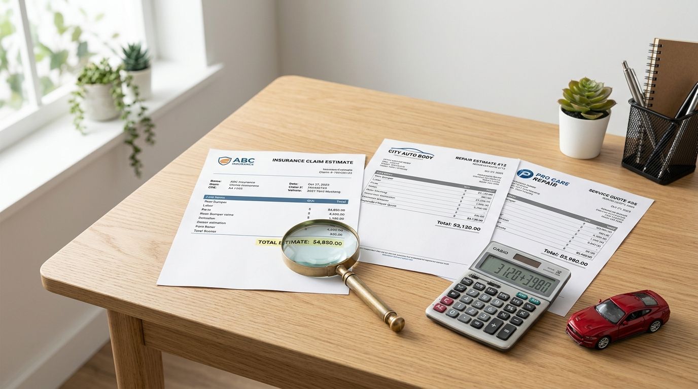 A wooden desk with insurance documents, a magnifying glass, a calculator, and a toy red car.