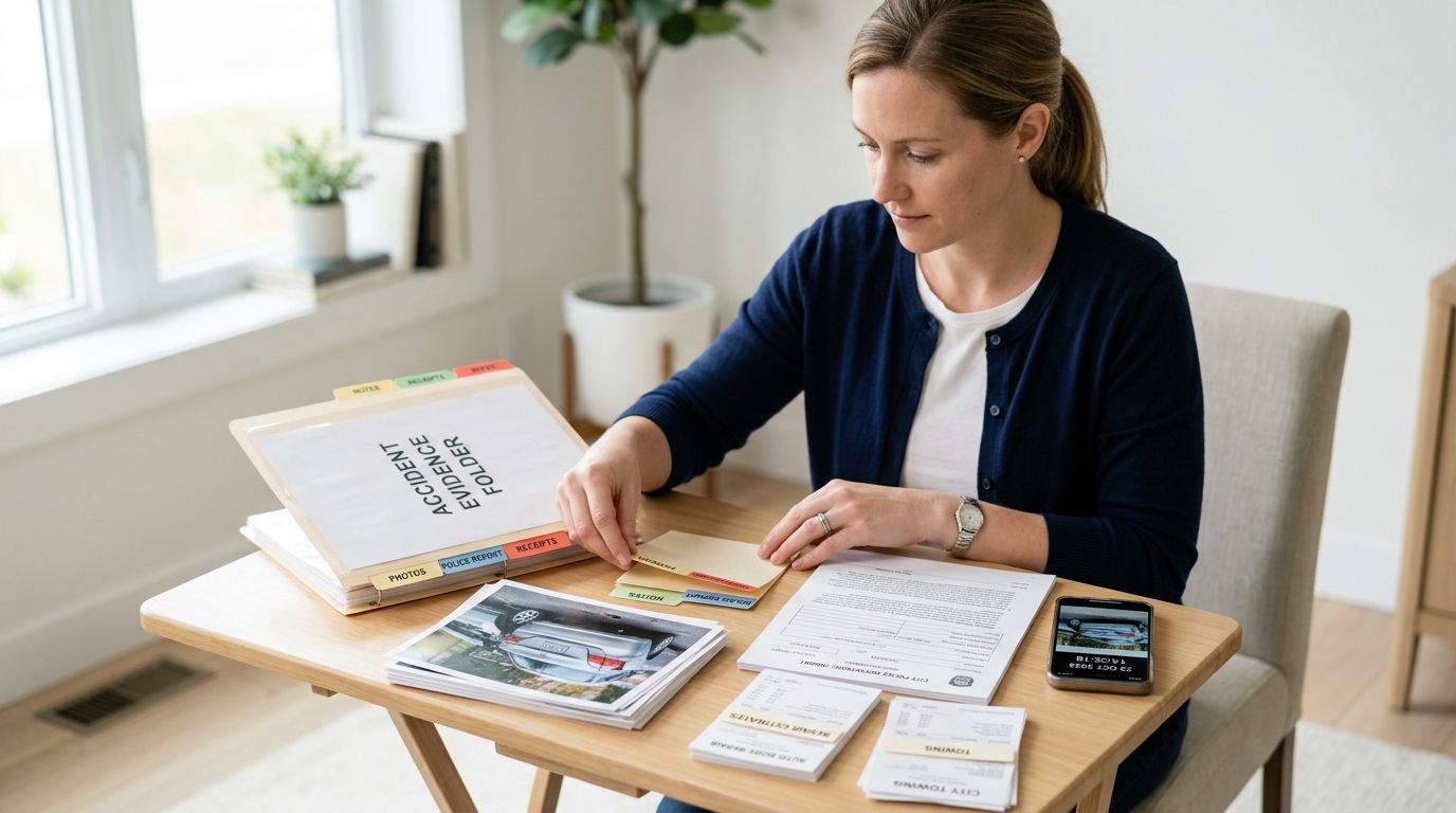A woman organizing car accident documentation and evidence folders at a wooden desk in a bright office.