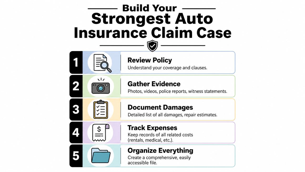 A five-step infographic showing how to build a strong auto insurance claim case efficiently.