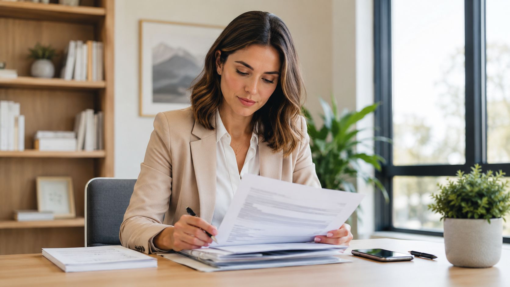 A professional woman in a beige blazer reviews business documents while working at her modern desk.