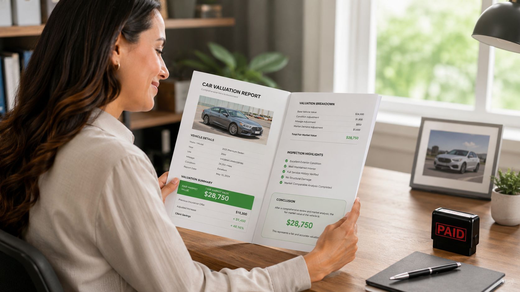 A woman carefully reading a professional vehicle valuation report detailing fair market car pricing at a desk.