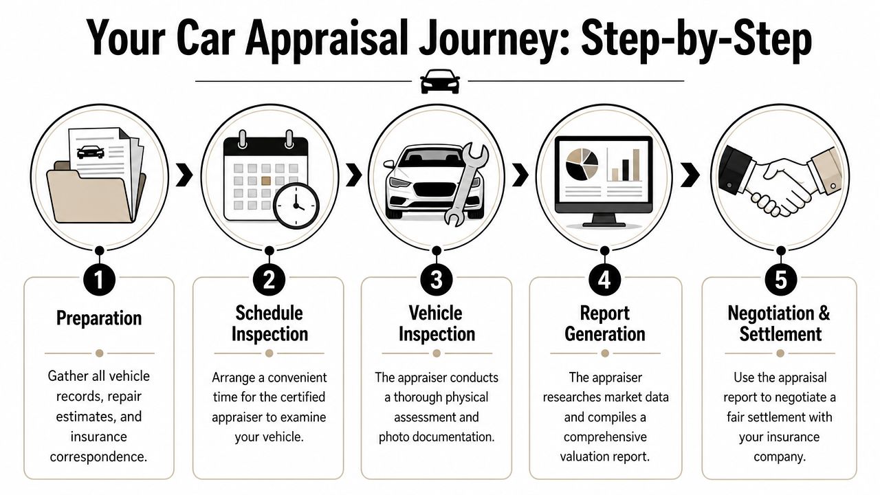 A five-step infographic showing the professional car appraisal journey from documentation to final insurance settlement negotiation.