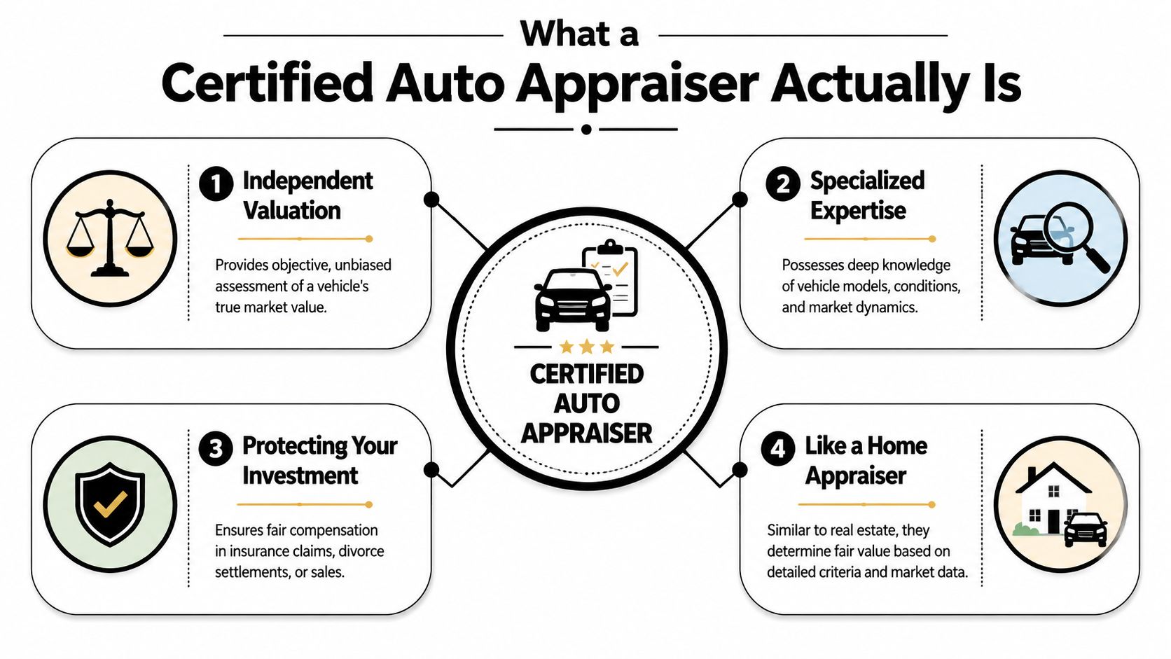 An infographic titled What a Certified Auto Appraiser Actually Is, featuring four key professional responsibilities.