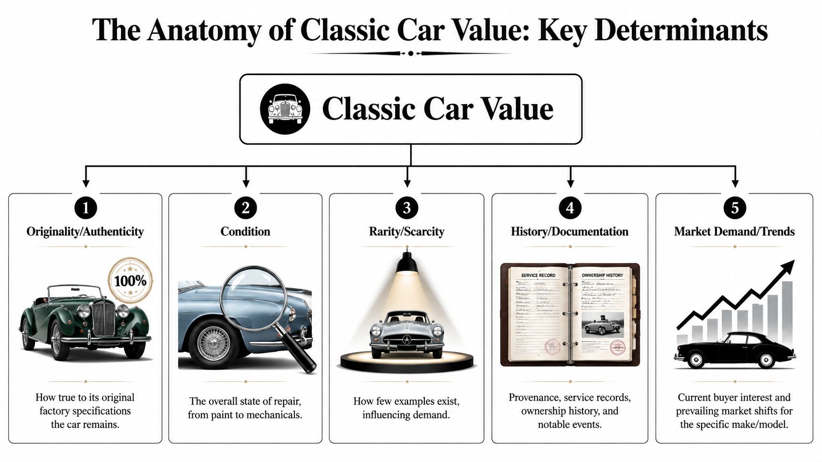 An infographic titled The Anatomy of Classic Car Value detailing five key determinants of appraisal.