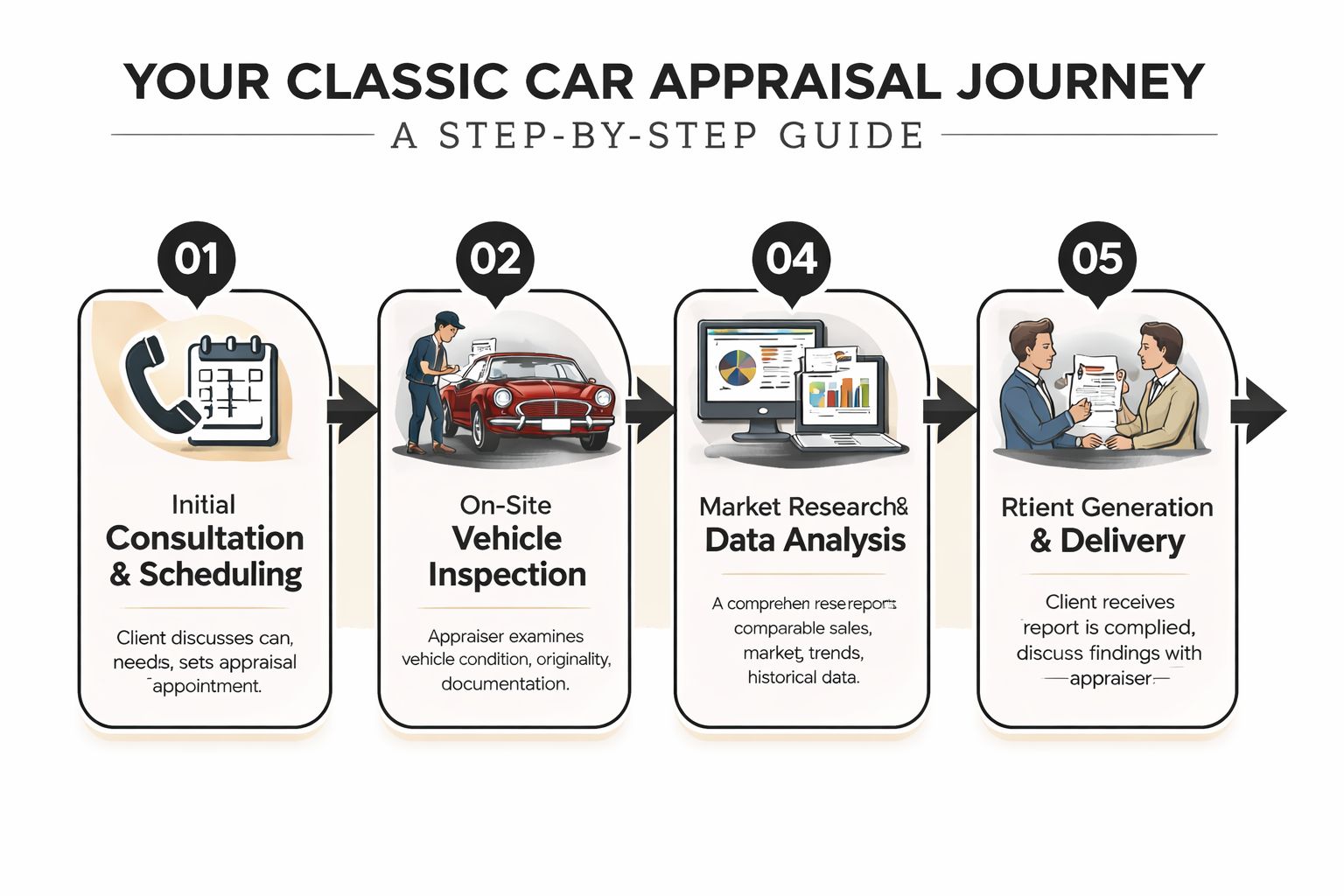 A four-step infographic illustrating the professional classic car appraisal journey from initial consultation to final report delivery.