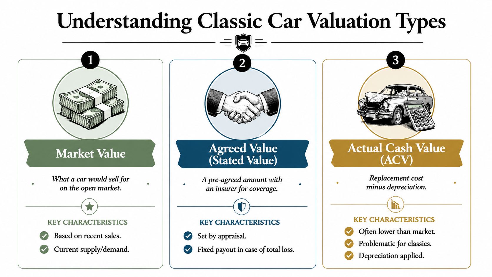 An infographic explaining three common types of classic car valuations: Market Value, Agreed Value, and Actual Cash Value.