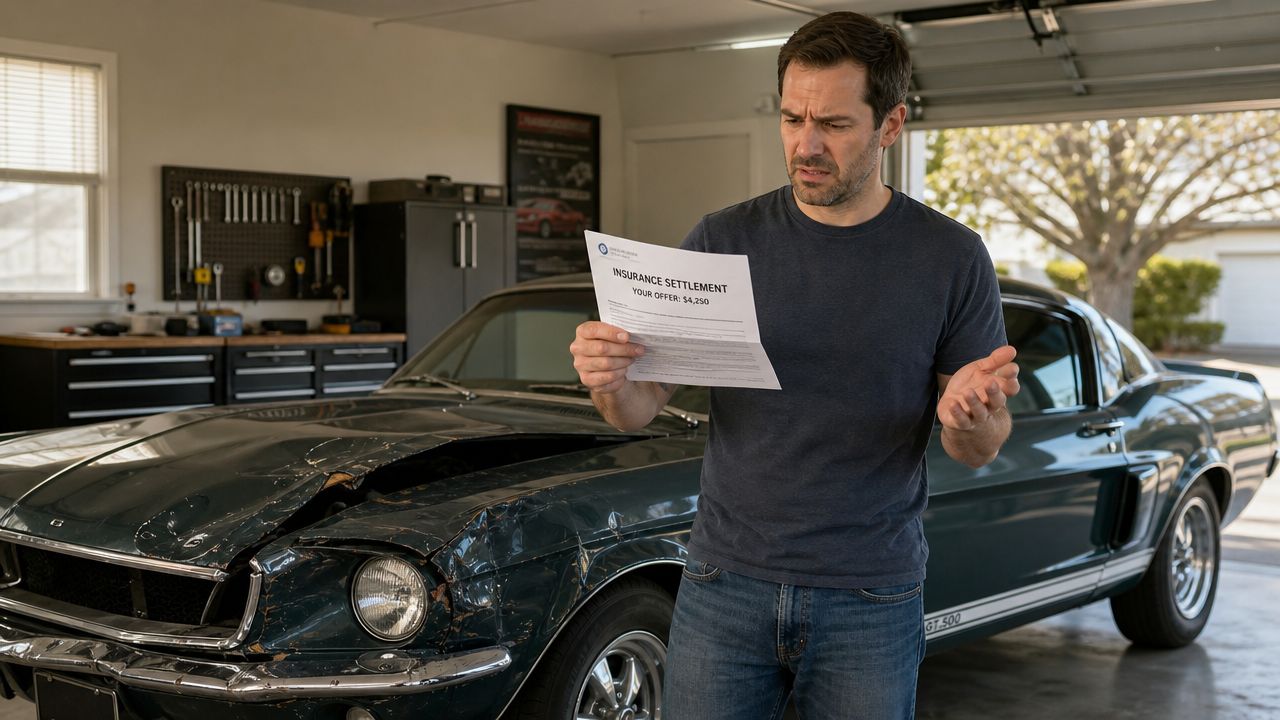 A frustrated man standing in a garage holding an insurance settlement document in front of a damaged car.