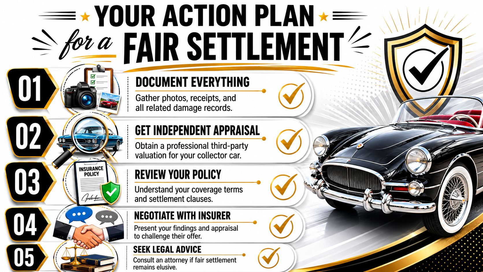 An infographic titled Your Action Plan for a Fair Settlement featuring five numbered steps for collector car claims.