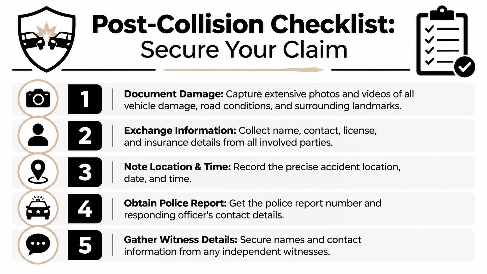 A five-step checklist for drivers to follow to secure an insurance claim after a vehicle collision.