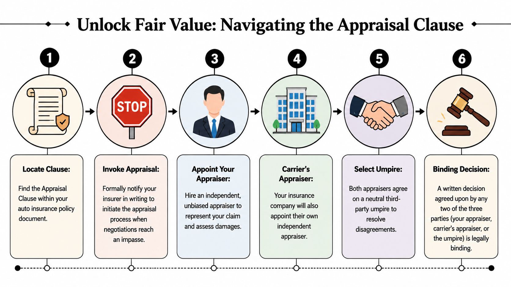 A six-step infographic explaining the process for navigating an auto insurance appraisal clause to resolve claim disputes.