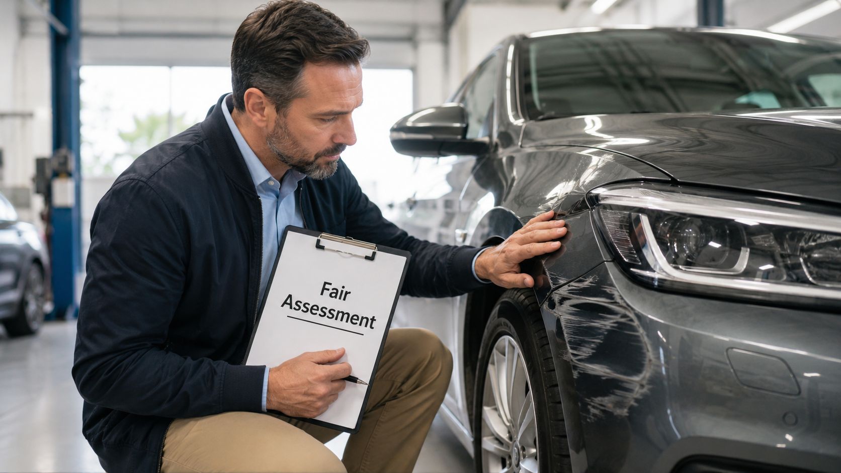 An insurance adjuster inspecting the damaged front bumper of a gray car in a repair shop.
