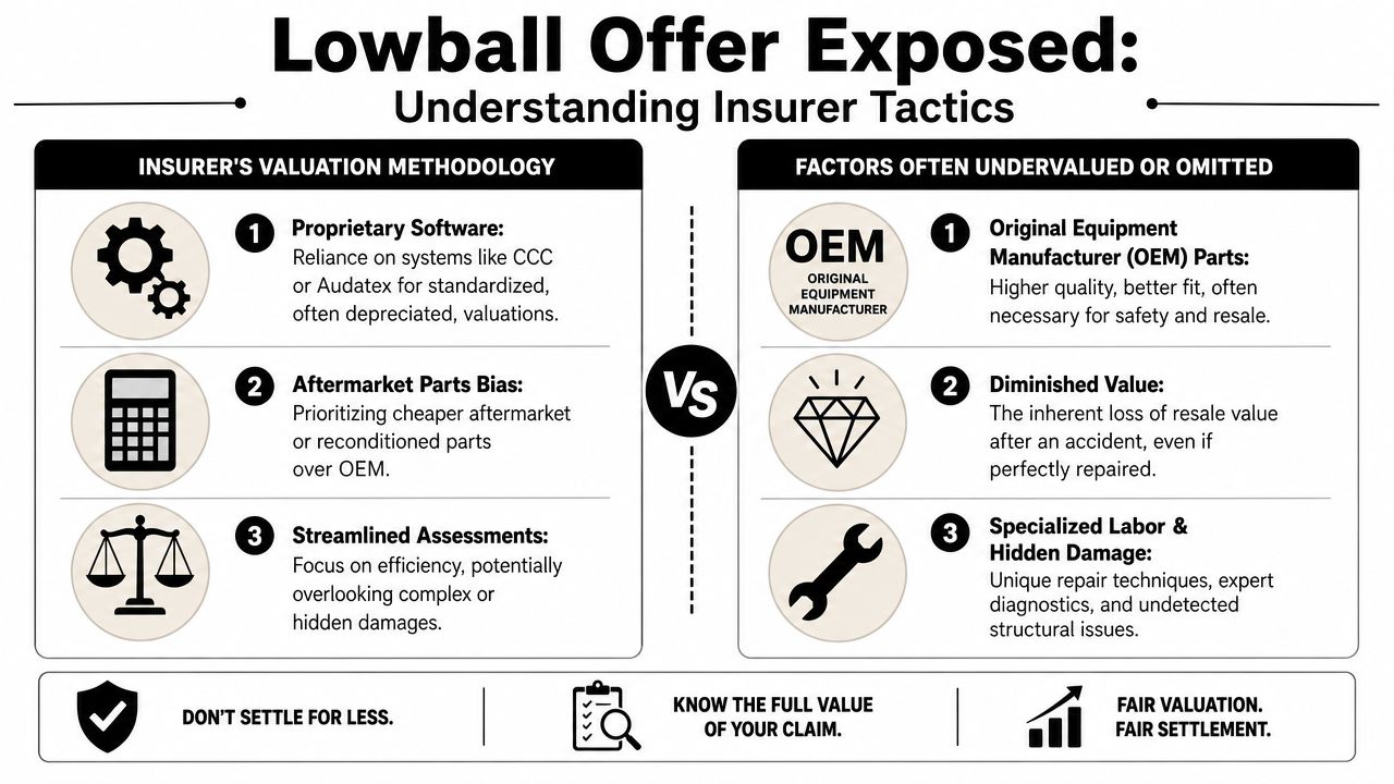 An infographic detailing common insurer tactics used to provide lowball offers for vehicle collision claims.