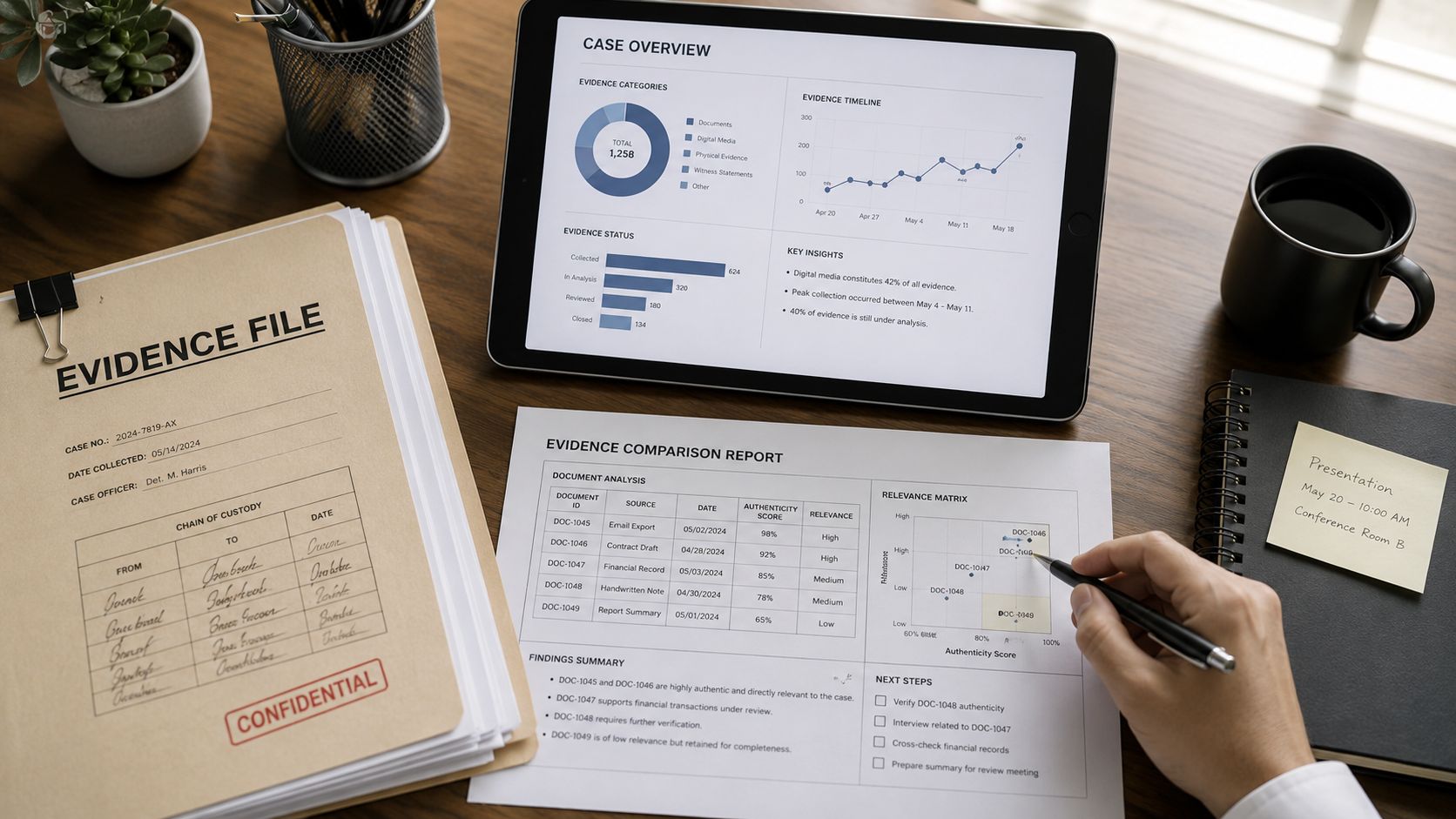 A professional analyzing an evidence comparison report and a digital case overview on a wooden desk.