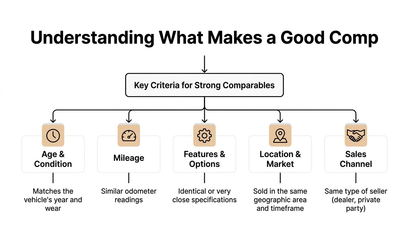 A diagram outlining the five key criteria for selecting strong vehicle comparables for appraisal, including age and features.
