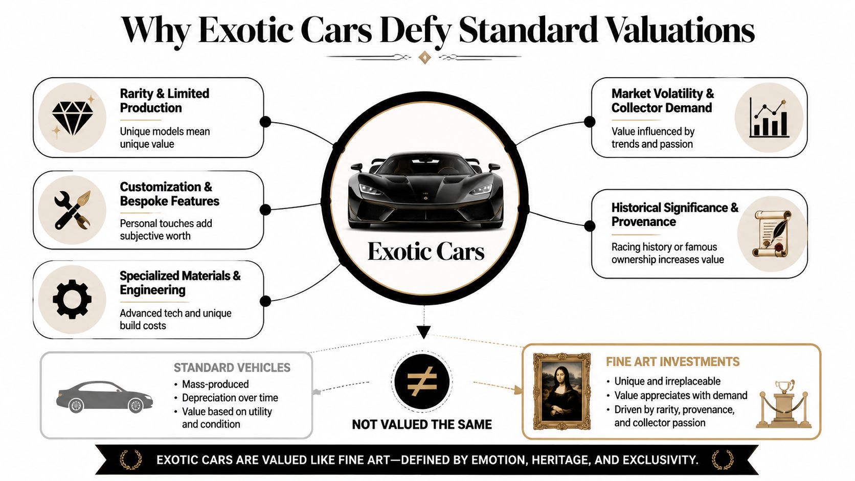 An infographic titled Why Exotic Cars Defy Standard Valuations, highlighting factors that influence the value of supercars.