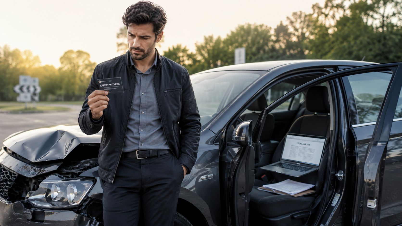 An expert witness inspecting a damaged car at the scene of an accident while holding an ID card.