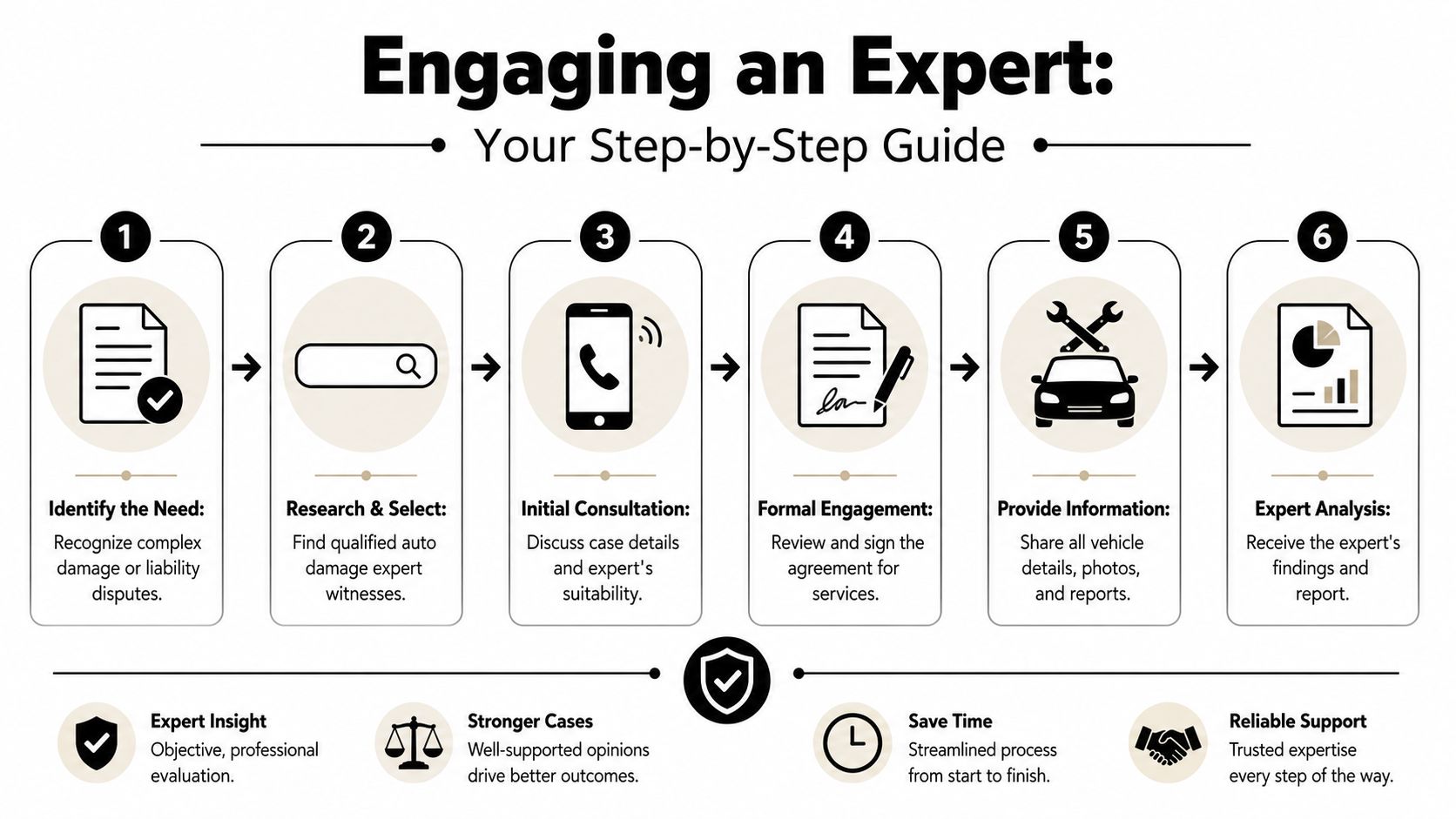 A six-step infographic illustrating the professional process for engaging an auto damage expert witness.