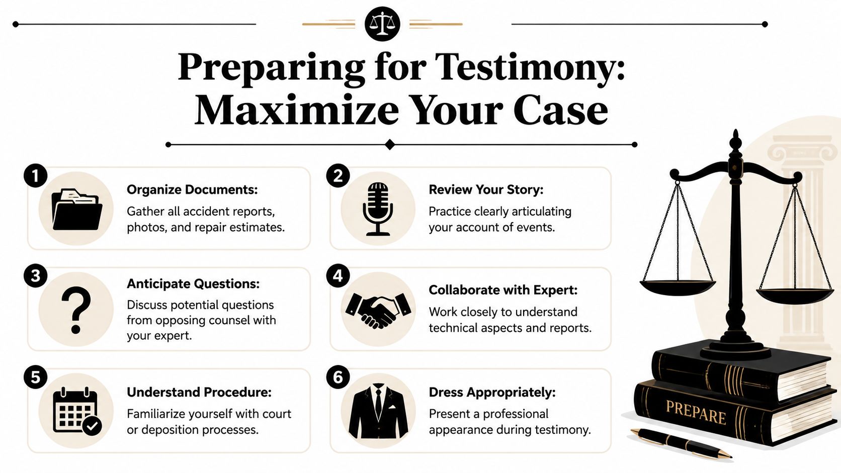 An infographic titled Preparing for Testimony illustrating six numbered steps for legal case success with icons.