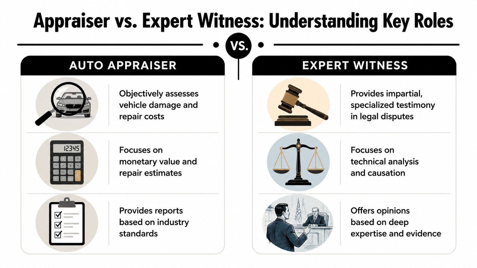 A comparison chart outlining the distinct responsibilities of an auto appraiser versus an expert witness.
