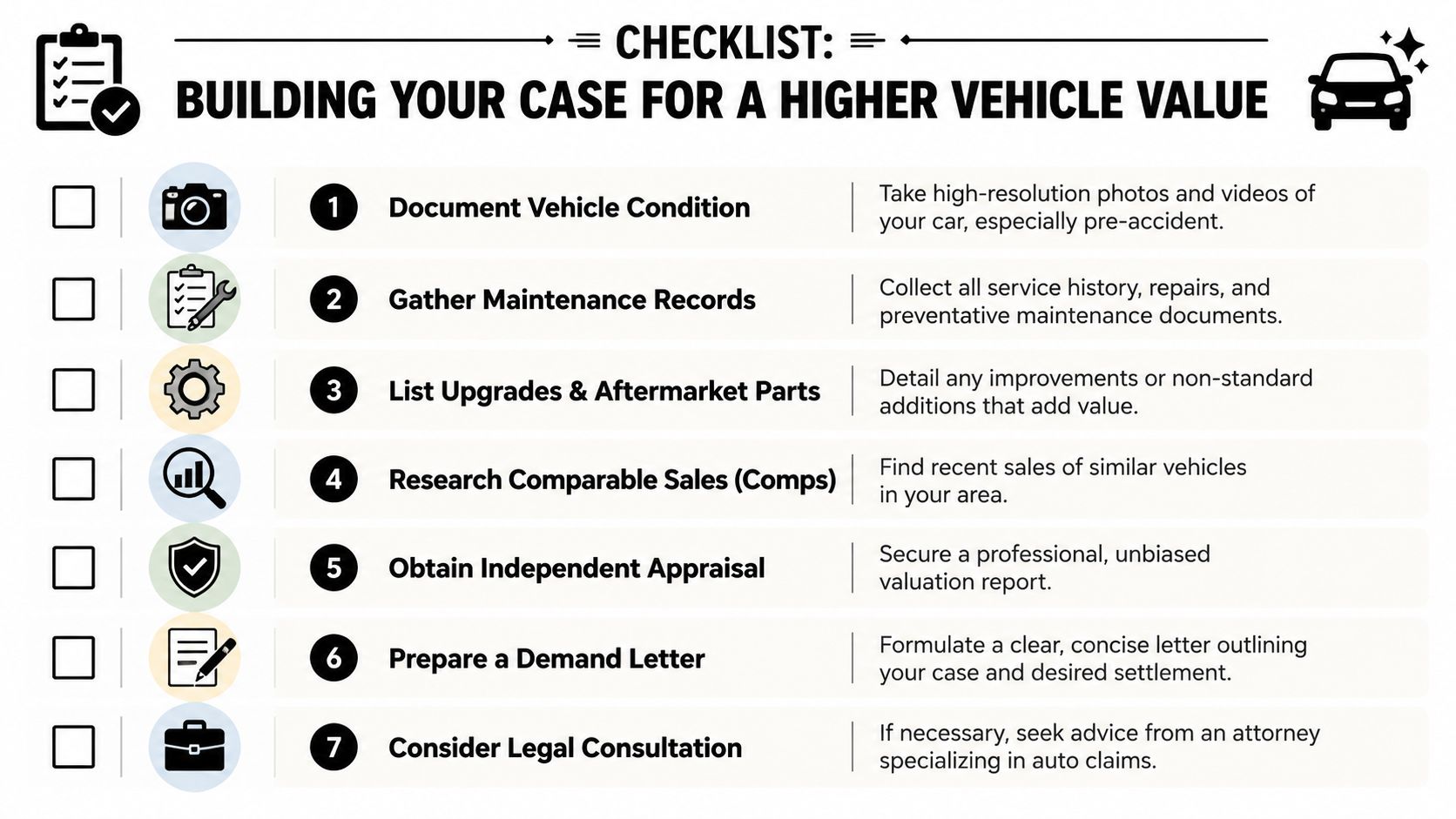 A checklist infographic titled Building Your Case for a Higher Vehicle Value with seven essential steps.