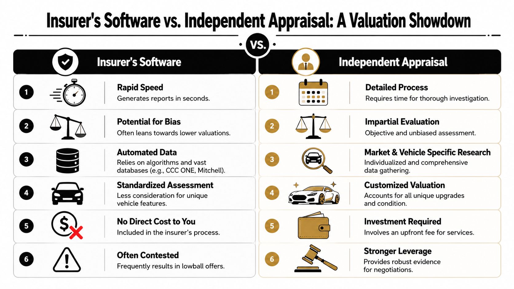 A comparison chart outlining the pros and cons of insurer software versus independent vehicle appraisal services.