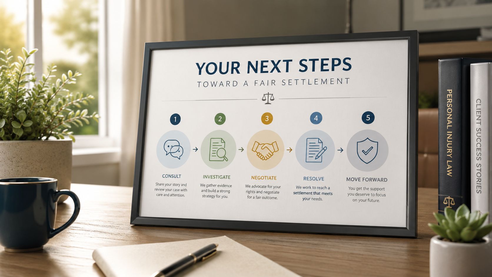A framed sign on a desk outlining a five-step legal process for achieving a fair settlement.