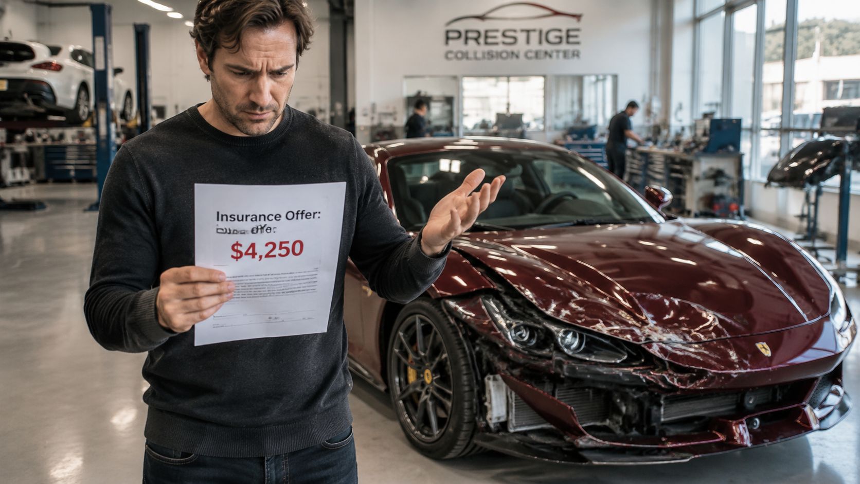 A man looking frustrated at an insurance offer paper in front of his damaged luxury sports car.