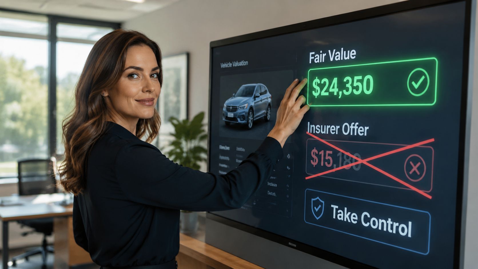 A professional woman interacting with a digital display showing a vehicle valuation and insurance negotiation dashboard.