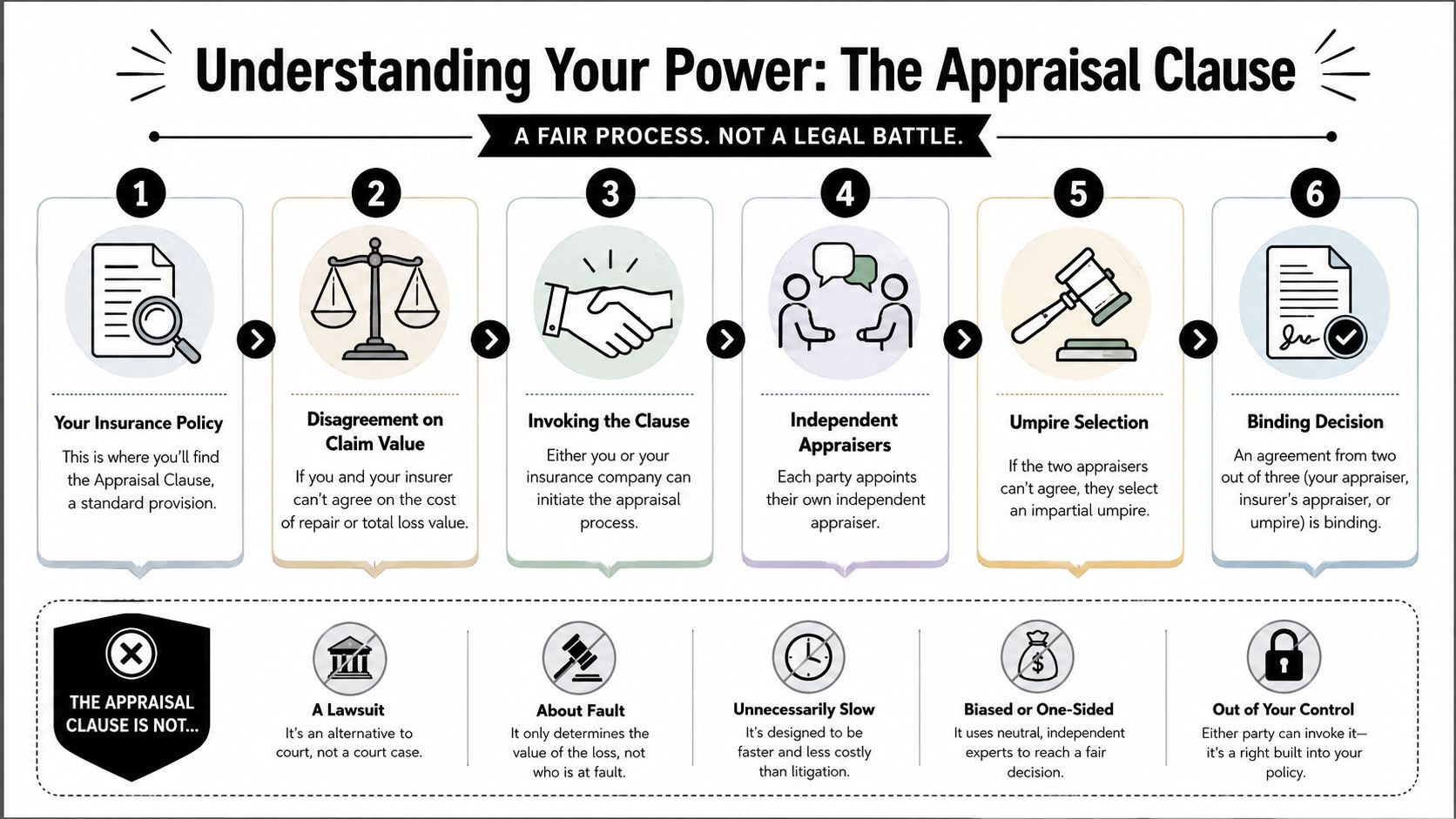 A six-step infographic explaining the insurance appraisal clause process for resolving claim value disagreements fairly.