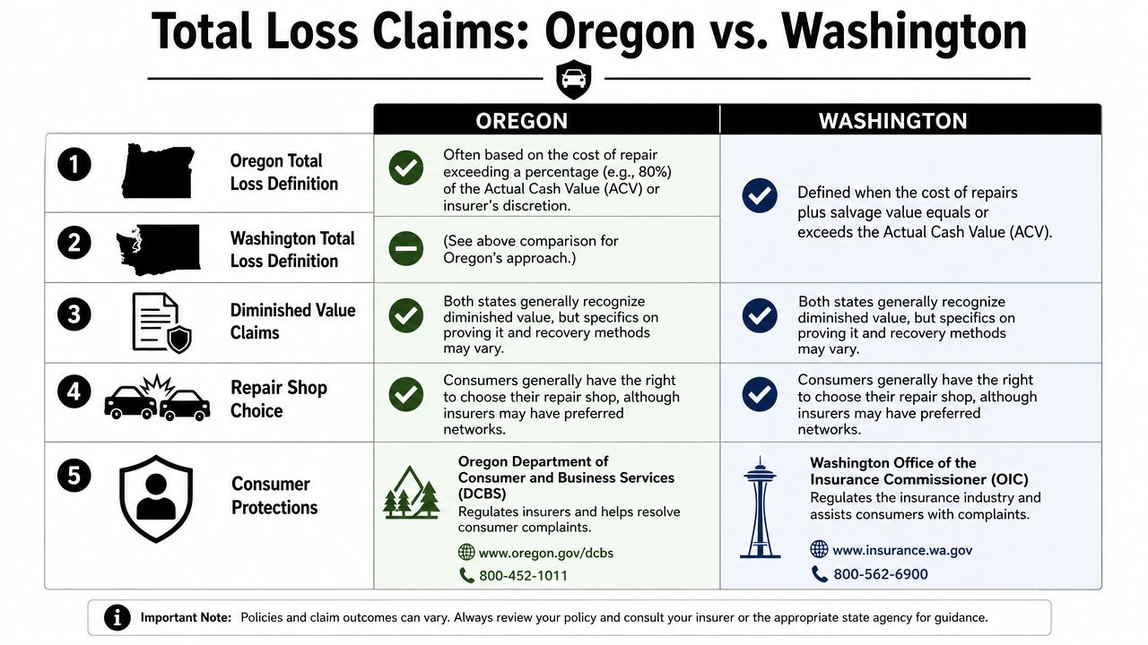 A comparison chart outlining total loss claim policies, repair rights, and consumer protections in Oregon and Washington.