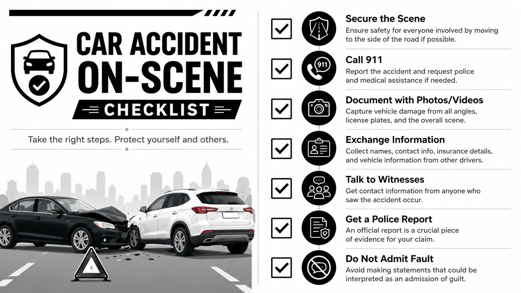 A visual guide titled Car Accident On-Scene Checklist listing essential steps to follow after a vehicle collision.