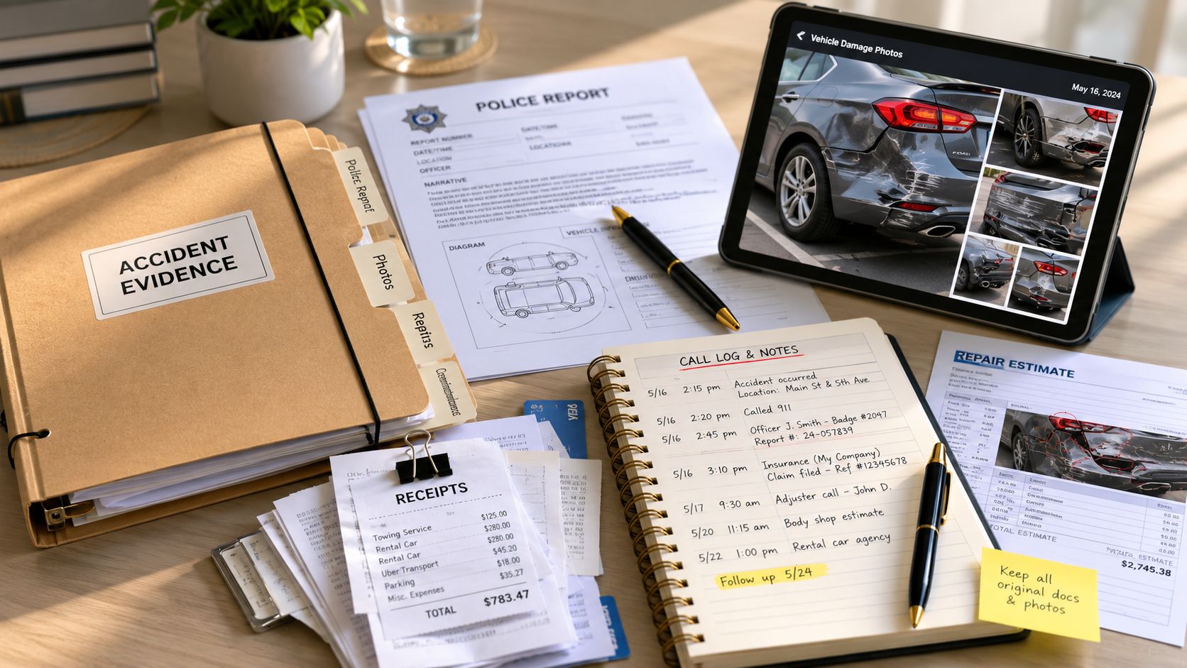 A organized desk showcasing accident evidence documents, repair estimates, receipt logs, and digital car damage photos.