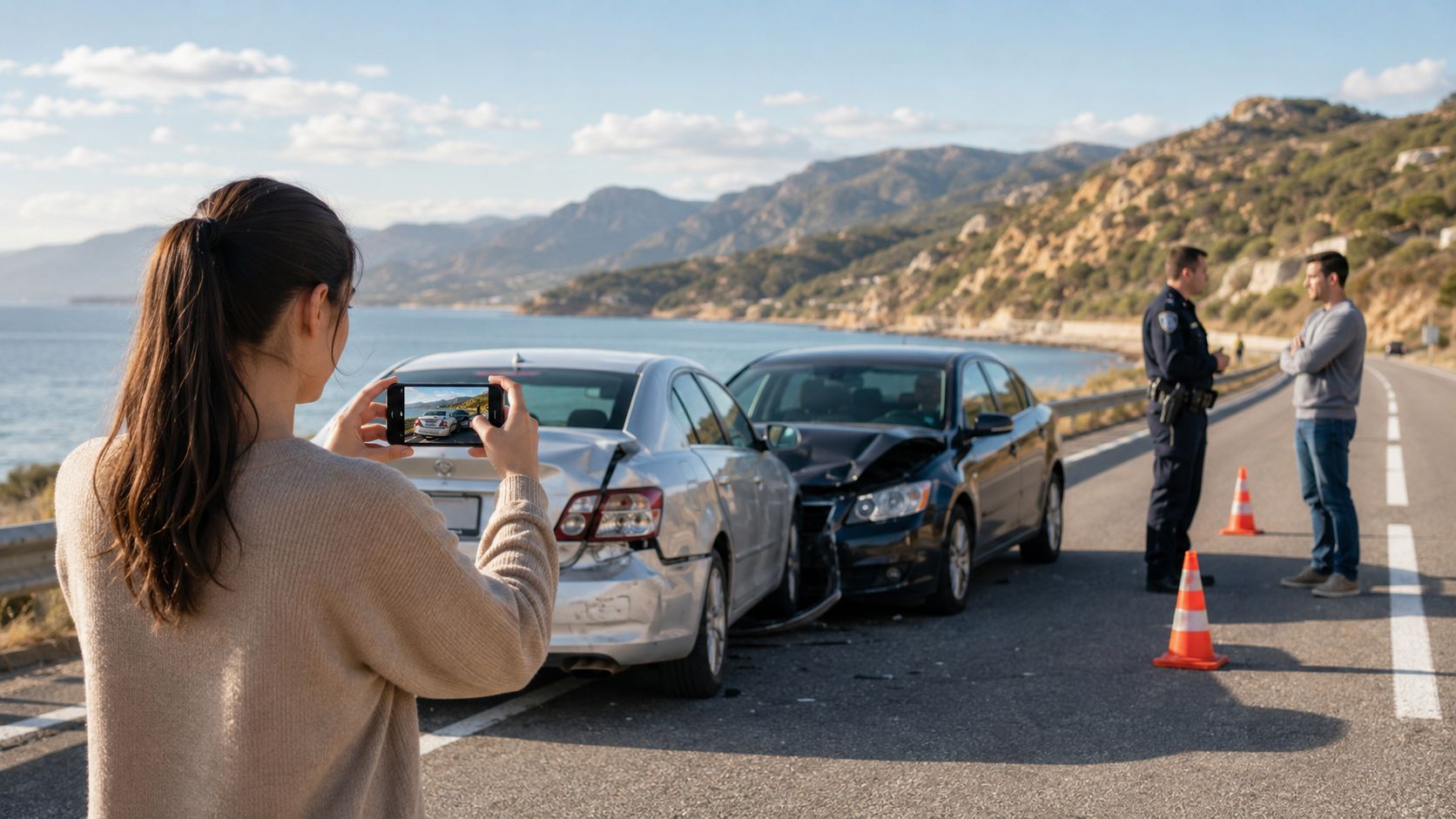 A woman photographs a two-car accident on a coastal road while a police officer interviews a driver.