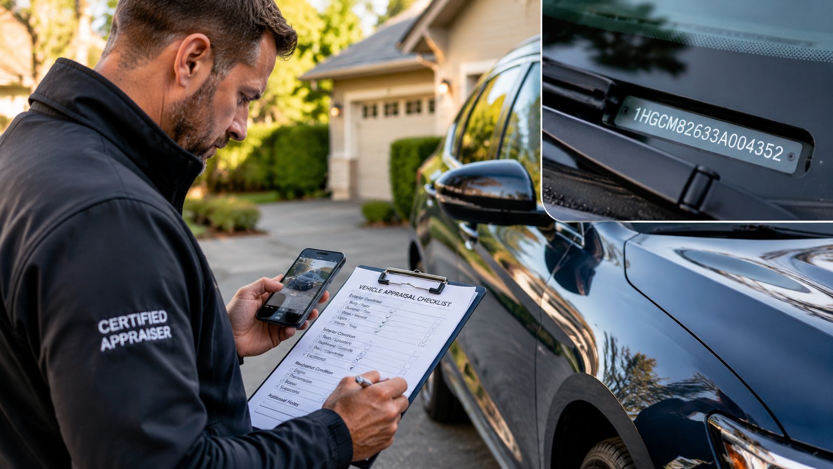 A professional car appraiser examines a vehicle while completing a vehicle appraisal checklist in a residential driveway.