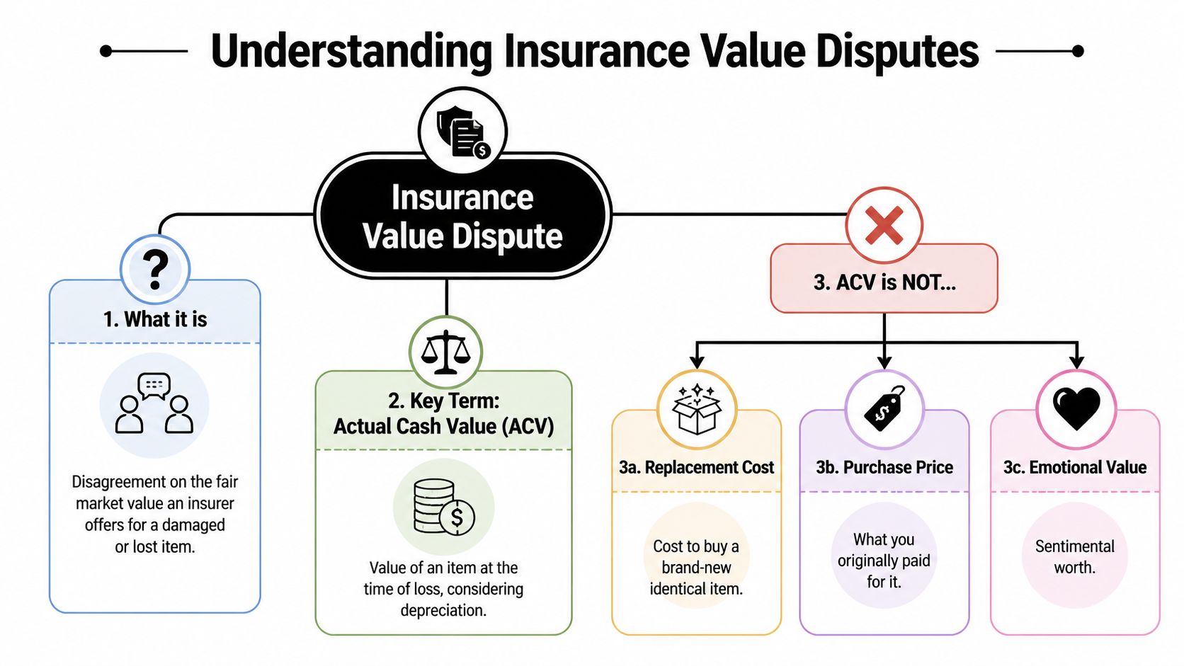 An infographic explaining insurance value disputes, actual cash value, and what factors do not determine insurance claims.