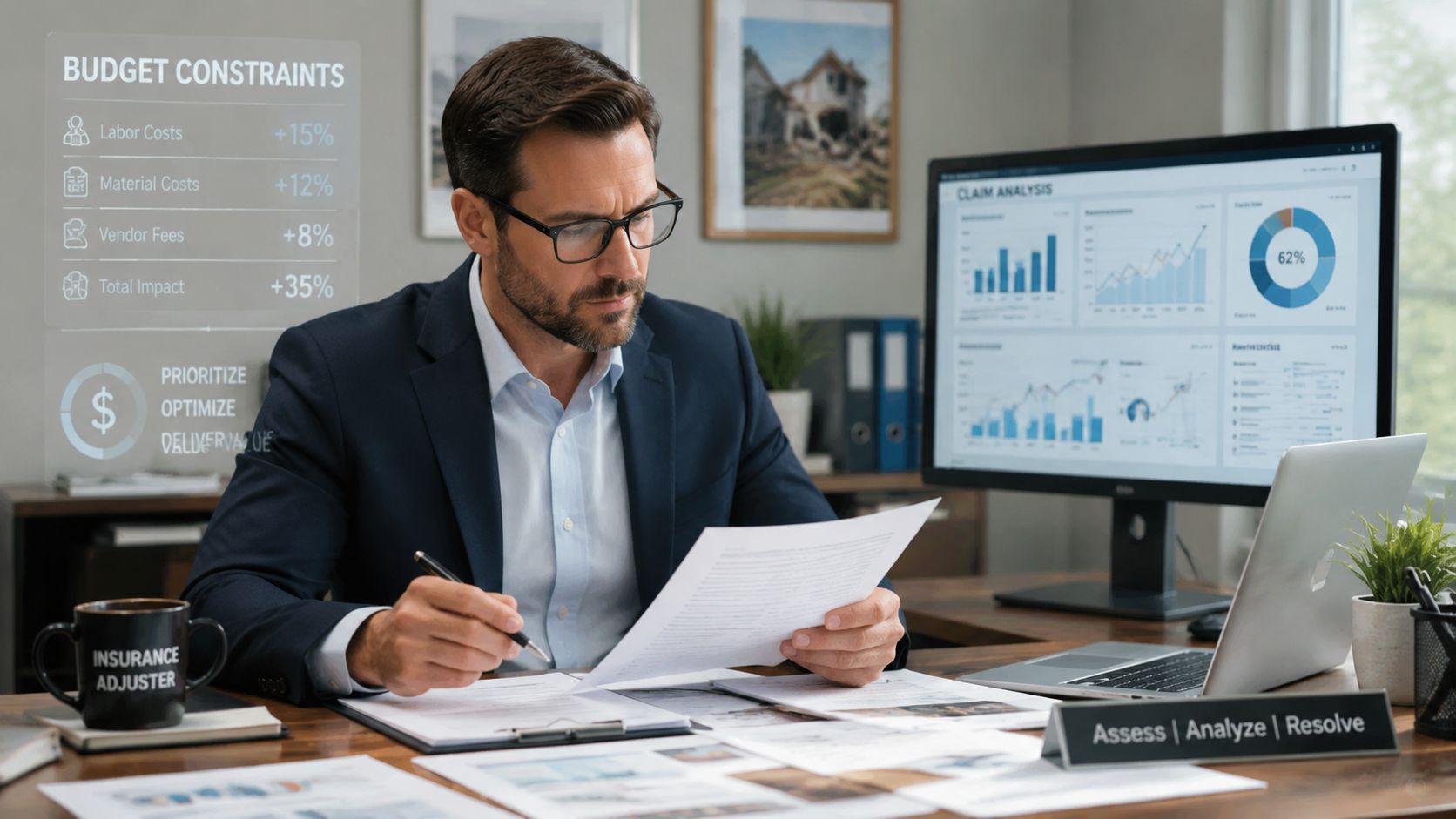 A professional insurance adjuster reviews documents at a desk with financial data charts and analytical software.