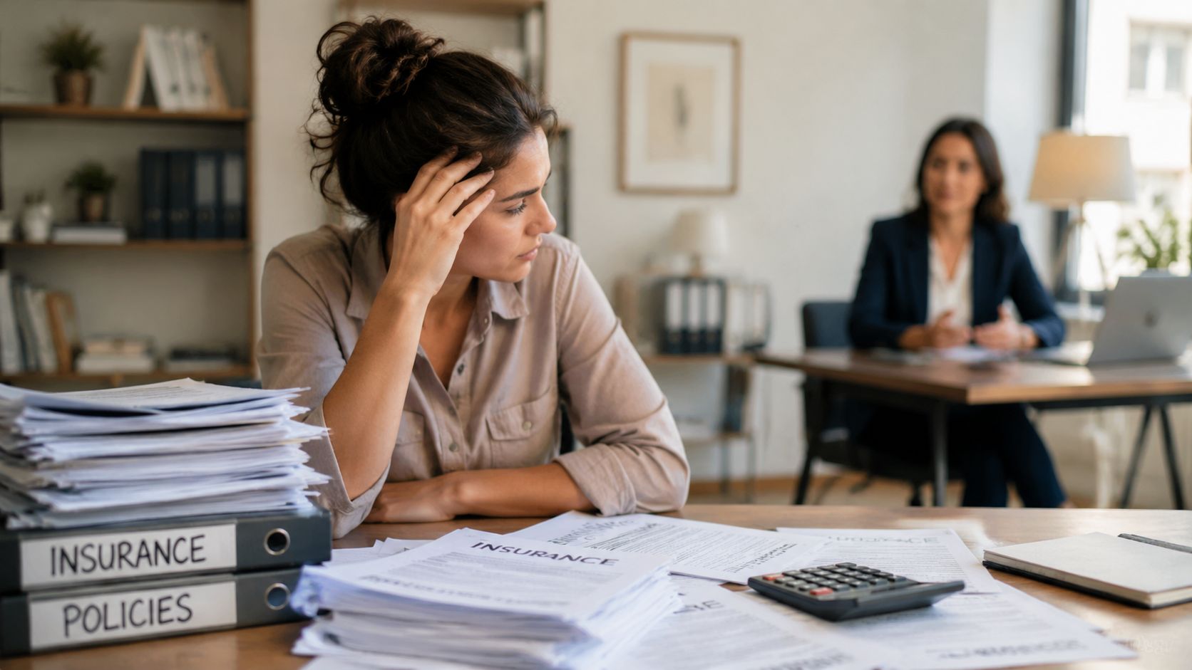 A stressed woman sits at an office desk surrounded by piles of insurance documents and paperwork.