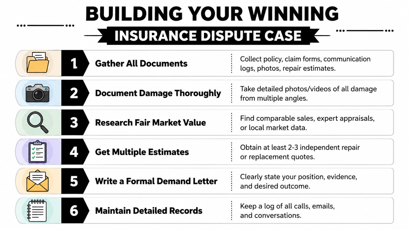 A six-step infographic on building a winning insurance dispute case with icons and descriptive text.