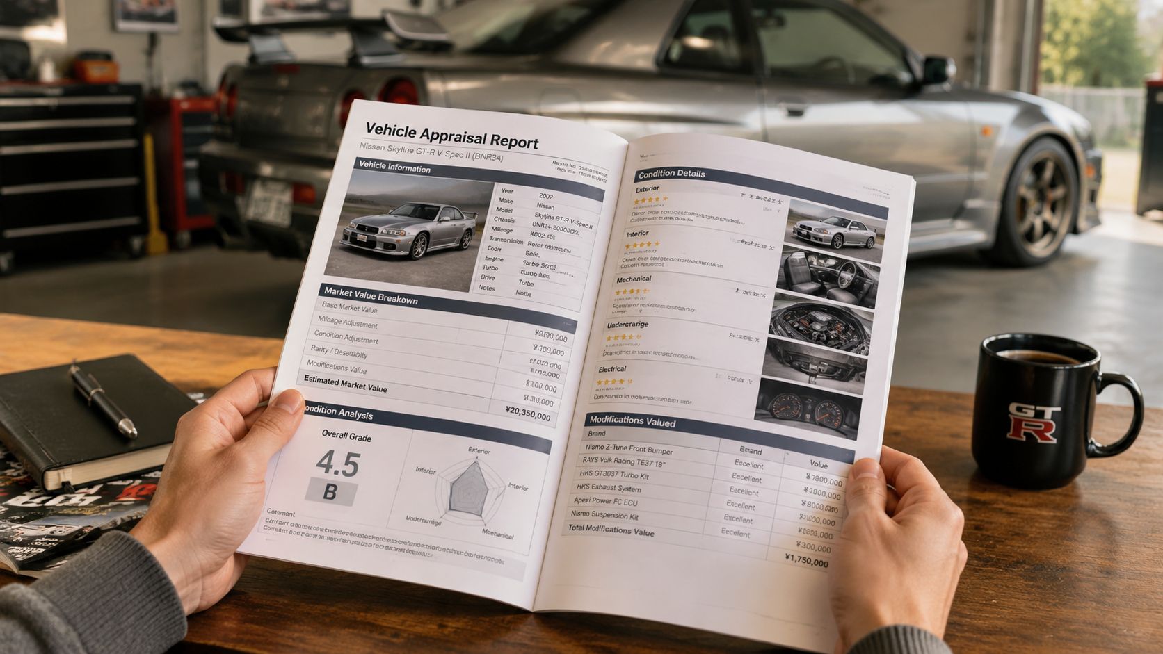 A person holds an open vehicle appraisal report for a Nissan Skyline GT-R V-Spec II inside a garage.