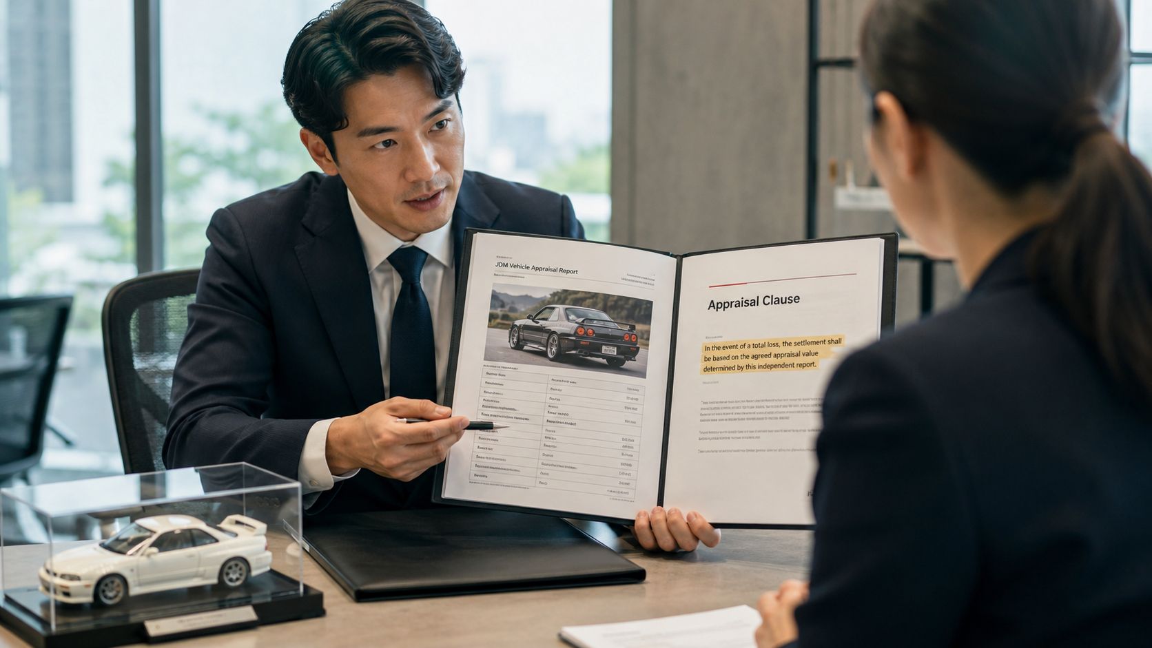 A professional man in a suit presenting a JDM vehicle appraisal report to a client in an office.